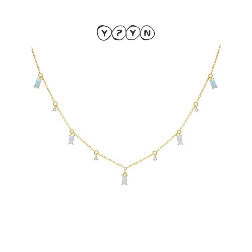 一撇一捺碧色歐泊項鏈女14K金極光色方鉆寶石鑲嵌彩寶輕奢首飾