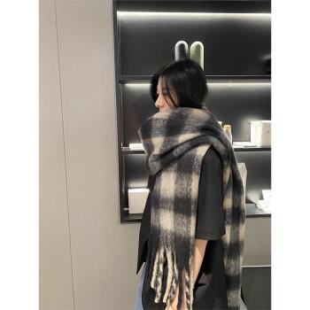 黑白冬季女高品質加厚格子圍巾