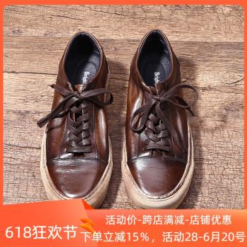 夏季復古做舊休閑圓頭軟厚底皮鞋