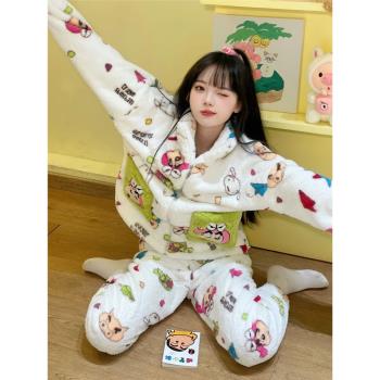 少女可愛蠟筆小新珊瑚絨睡衣女加絨加厚冬季法蘭絨家居服大碼套裝