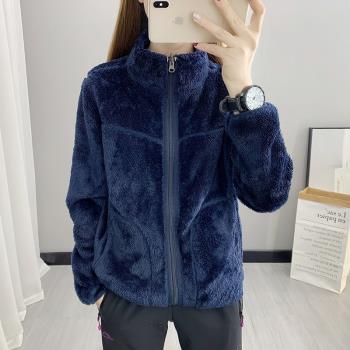 抓絨衣女雙面穿珊瑚絨開衫外套加絨加厚保暖防寒寬松搖粒絨登山服