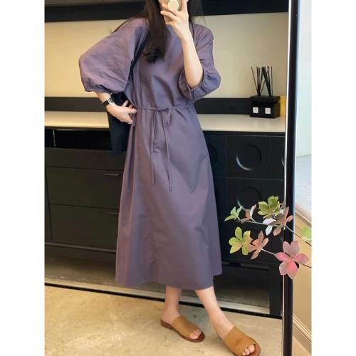 法式優雅簡約圓領連衣裙女2024夏季新款復古氣質燈籠袖小眾A字裙