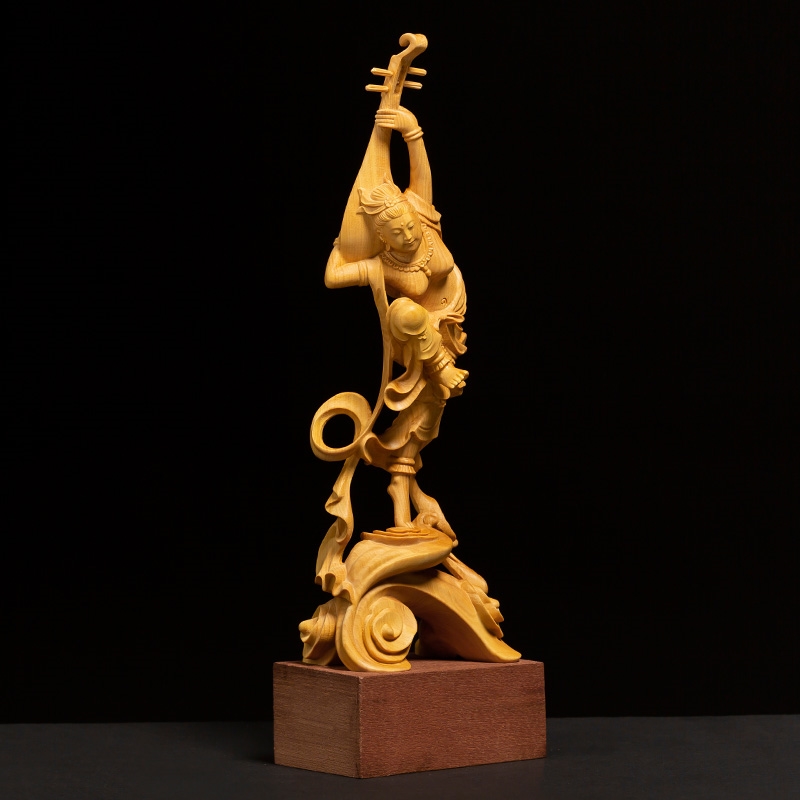 木製 神話的生物 彫刻 約25cm 黃楊木客廳裝飾人物雕刻工藝品反彈琵琶敦煌飛天仙女木雕美女擺件|木雕
