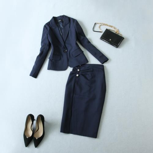 秋冬新款OL修身藏藍色職業藏藍色小西服+開叉顯瘦包臀半身裙套裝