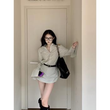 polo條紋不規則短裙子長袖襯衫
