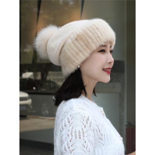 水貂毛兔毛針織皮草帽子女冬雙層加絨保暖護耳貂皮秋冬季百搭毛線