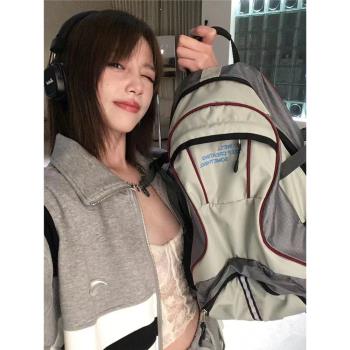 春夏小眾設計美式復古拼色學生書包大容量雙肩包旅行戶外防水揹包