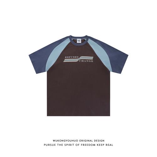 悟空有貨潮牌美式字母印花拼色短袖T恤男女夏季寬松潮流情侶體恤