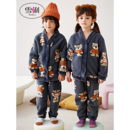 雪俐親子母女2024新款冬季兒童珊瑚絨睡衣男童女童加厚法蘭絨寶寶
