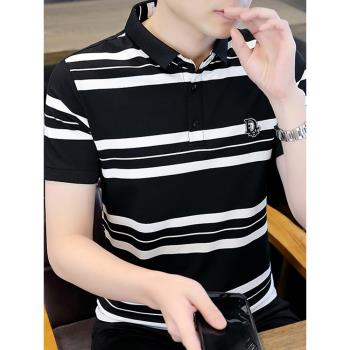 條紋短袖t恤男士夏季襯衫領polo衫潮流潮牌純棉上衣夏天冰絲體桖
