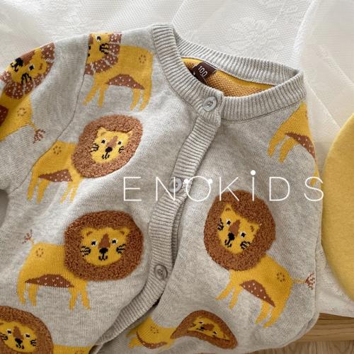 不易起球重工純棉植絨可愛針織開衫24秋兒童韓版洋氣卡通獅子毛衣