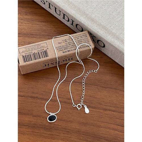 渡川醬925純銀簡約小眾黑瑪瑙幾何橢圓吊墜項鏈女鎖骨鏈ins精致潮