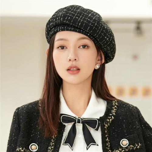秋冬新款提花小香風貝雷帽黑色復古法式日系顯臉小白色大頭圍蓓蕾