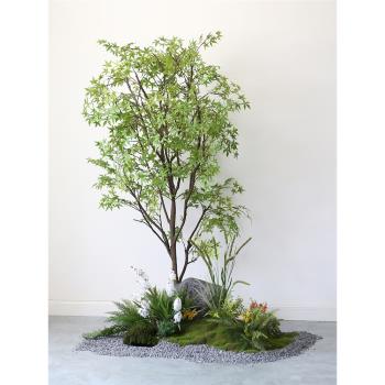 大型模擬樹青苔植物景酒店室內花園大樹綠植景觀墻角假石頭造景