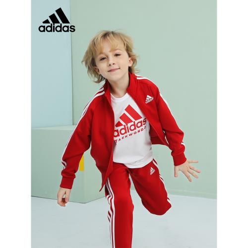 adidas阿迪達斯童裝套裝兩件套男女童春秋運動服紅色兒童外套長褲