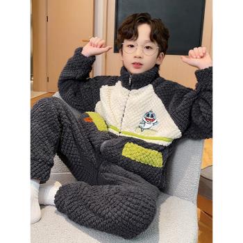 男童睡衣兒童秋冬季珊瑚絨加厚男孩青少年大童家居服套裝2024新款