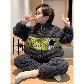 2024新款男童睡衣秋冬季珊瑚絨加厚兒童小男孩法蘭絨青少年家居服