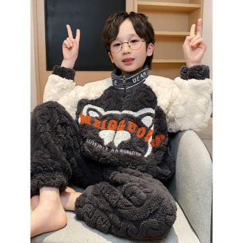 男童睡衣秋冬季珊瑚絨加厚兒童男孩法蘭絨青少年大童2024新款套裝