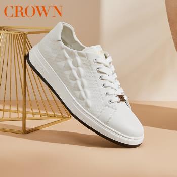 CROWN/皇冠商場同款板鞋男夏季沖孔透氣黑色真皮運動休閑皮鞋男潮
