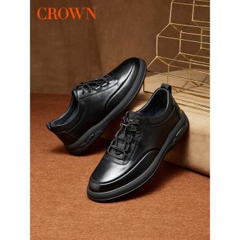 CROWN/皇冠休閑皮鞋男秋季2023新款軟底緩震商務通勤免系男鞋潮流