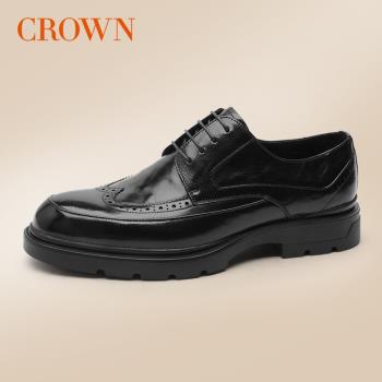 CROWN/皇冠秋季透氣商務正裝皮鞋男英倫風布洛克雕花休閑男鞋真皮