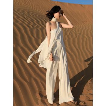 白色抹胸連體褲女夏長款氣質女神範拖地飄逸薄款雪紡闊腿褲歐美