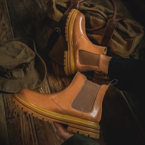 切爾西靴男款秋季高幫皮鞋英倫風靴子真皮煙筒靴一腳蹬潮男馬丁靴