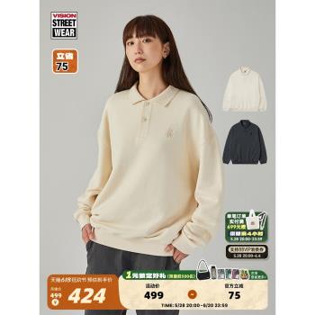 VISION 復古拼接水洗做舊寬松長袖polo領衛衣男女同款