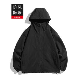潮牌美式男裝連帽外套男2024春季新款純色簡約夾克防風寬松沖鋒衣