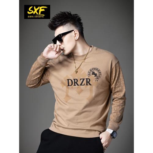 SXF圣希梵圓領衛衣男 寬松潮牌發泡印花刺繡圓領體恤套頭男士上衣