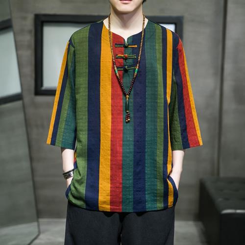 中國風男裝夏裝衣服國潮復古亞麻七分袖改良唐裝漢服男士短袖t恤