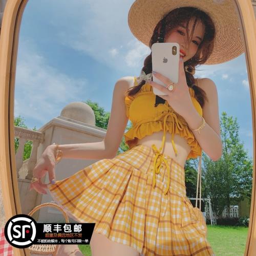 溫泉ins風少女小清新分體裙式比基尼兩件套格子高腰遮肚顯瘦泳衣