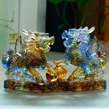 琉璃家庭玄關麒麟擺件招財高階飾品客廳水晶一對喬遷新居禮品送人