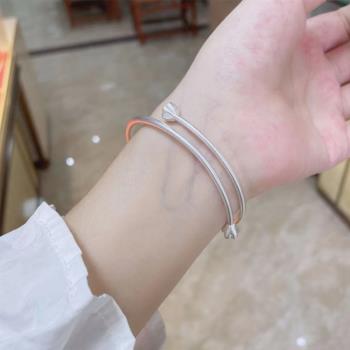 潮興福兩世歡9999純銀手鐲女款足銀鐲子學生實心蓮花銀飾品手環