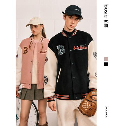 bosie冬季新款短款棉服男情侶撞色拼接復古字母繡花標棒球外套潮