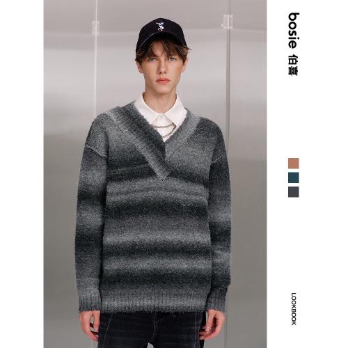 bosie2025春秋套頭毛衫男情侶寬松撞色條紋毛衣針織衫外套韓版潮