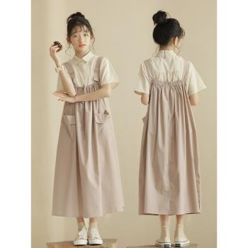 女童連衣裙夏裝時髦背帶裙2024新款洋氣女孩兒童夏季套裝裙子大童