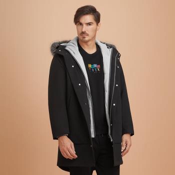 Brloote/巴魯特羽絨服男毛領白鵝絨中長款一衣三穿派克外套冬裝