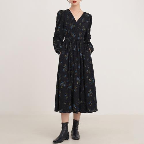 Rouje Damas法式浪漫圍裹式碎花連衣裙女長袖V領收腰顯瘦氣質長裙