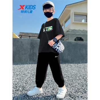 特步童裝男童冬季套裝2023新款兒童運動服冬裝男孩兩件套短袖長褲