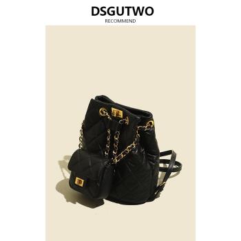 DSGUTWO 小香風包千鳥格真皮水桶雙肩包高級感菱格鏈條包休閑百搭
