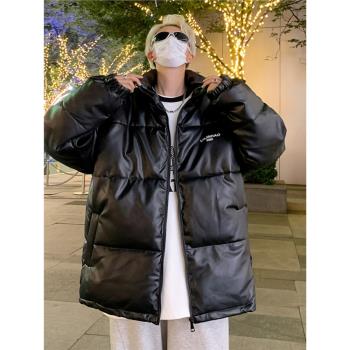 日系ins青少年羽絨服男冬季PU皮寬松潮學生連帽加厚防寒棉衣外套