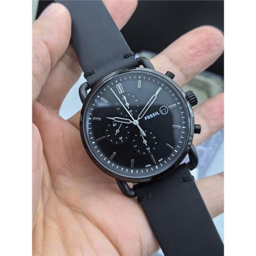 FOSSIL手表酷黑真皮三眼計時石英機芯商務休閑防水男表