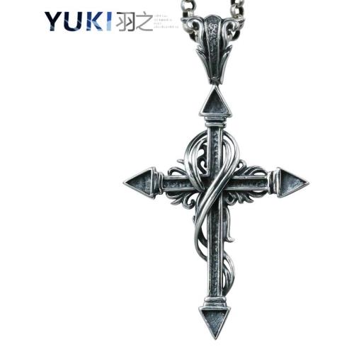 YUKI男士925純銀項鏈個性復古纏繞十字架哥特暗黑潮人男女鎖骨鏈