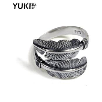 YUKI男士925純銀戒指食指戒子個性復古羽毛INS小眾男女情侶飾品潮