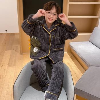男童睡衣秋冬季珊瑚絨三層夾棉冬款兒童男孩青少年家居服2024新款