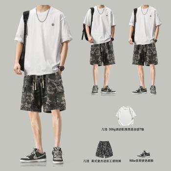 幾冠搭配套裝美式復古夏季迷彩工裝五分褲男直筒寬松高街休閑短褲