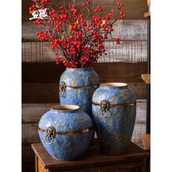 復古藍中式陶瓷花瓶做舊陶罐客廳插花花器擺件粗陶花瓶三件套