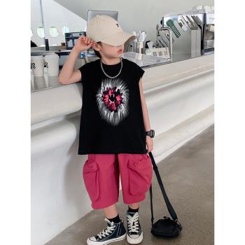 男童夏裝無袖塗鴉背心套裝2024新款兒童裝男孩夏季酷帥嘻哈衣服潮