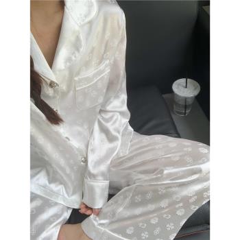 法式高階緞面提花長袖女士睡衣春秋季新款冰絲家居服開衫長褲套裝